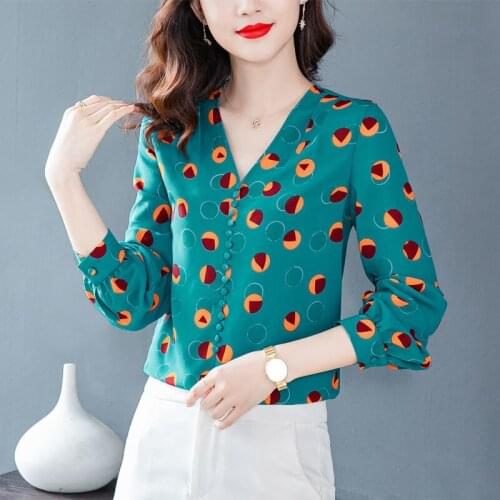 Pirnt Chiffon Women Shirts Spring Autumn Long Sleeve Temperament V-Neck Blouses Ladies Elegant Loose Tops Blusas MM1190