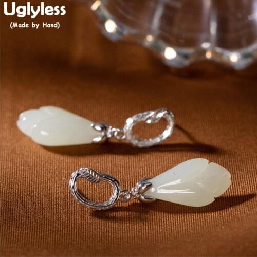 Uglyless Real Natural Jade Magnolia Earrings for Women Real 925 Sterling Silver Leaf Brincos Floral Gemstones Fine Jewelry E1400
