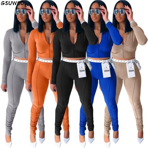 Gsuwoo Women Autumn Outfit 2 Piece Set Solid Long Sleeve Zip Jacket Tops Stacked Pants Joggers Sport Tracksuit Yoga Matching Set