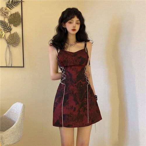 Harajuku Diablo Style Women Dress Square Collar Bandage Bow Sleeveless High Waist Sexy Slim Vintage Tie Dye Camisole Dresses