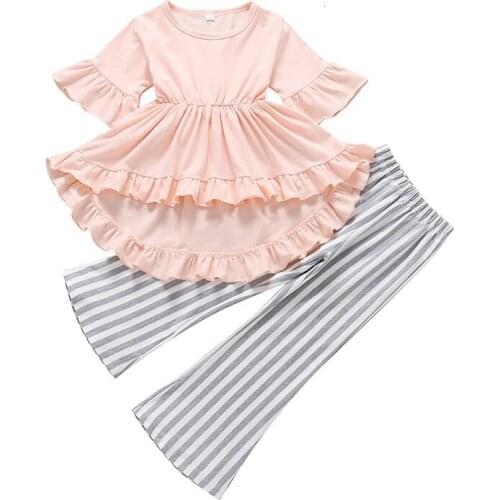 2019 Girls Clothes Suit Short-sleeved Cotton Shirt Striped Pants 2 Piece Suit Swallowtail T-Shirt Leggings Set Kids Clothing Set