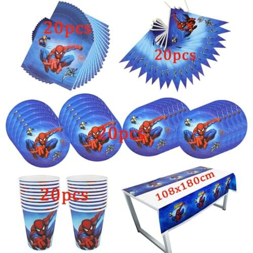 81Pcs Spiderman Theme Disposable Tableware Design Kids Birthday Party Paper Plate+Cup+Napkin+ Flag+Tablecloth Party Supplies