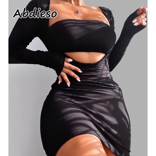 Abdieso Square Collar Black Ribbed Sexy Bodycon Dress Women 2021 Brown Hollow Out Mini Autumn Long Sleeve Party Dress Clubwear