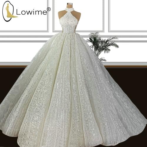 Sparkle Sequined Wedding Dresses 2020 A Line Ruched Halter Neck Puffy Floor Length Bridal Gowns Vestido De Noivas