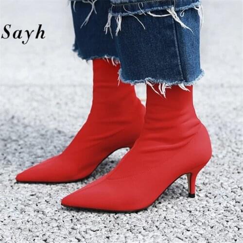 Women Ankle Boots Pointy Toe Fashion Shoes Middle Heel Stretch Socks Stretch Fabric Winter Casual Boots Black US 8
