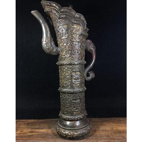 15" Tibet Buddhism Old Bronze Cinnabars Eight treasure dragon handle teapot Dragon mouth jug kettle Implication Steadily rising