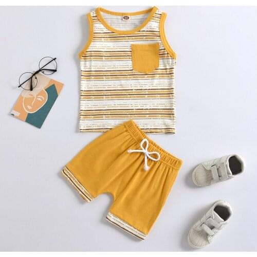 Kids Baby Summer 2-piece Outfit Set Sleeveless Striped Print Tank Tops and Lace-up Shorts Set for Children Boys 1-5 Years