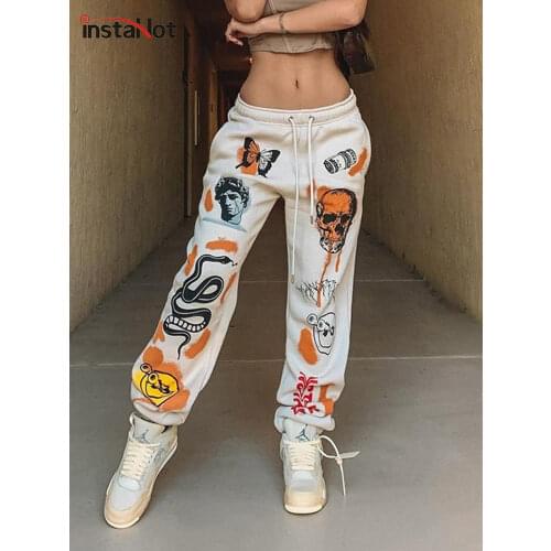 InstaHot Women Sweat Pant Harajuku Cartoon Printed Trousers Jogger 2021 Drawstring Cargo Pant Streetwear Casual Sweatpant Autumn