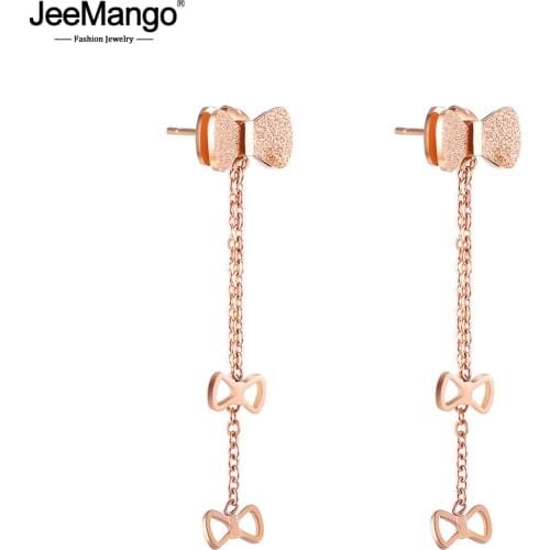 JeeMango Scrub Long Titanium Steel Tassel Earrings For Girls Rose Gold Color Fashion Bow Ms. Earrings Boucles D'oreilles JE17123
