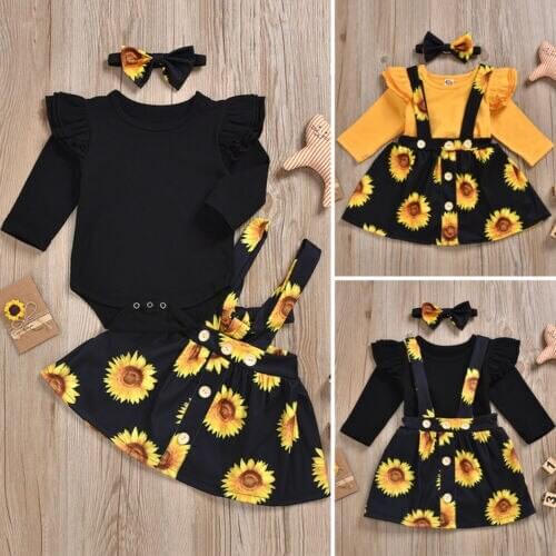 Baby Girls Clothes Set Ruffle Long Sleeve Tops Romper Sunflower Strap Skirt Bowknot Headband 3PCS Outfits