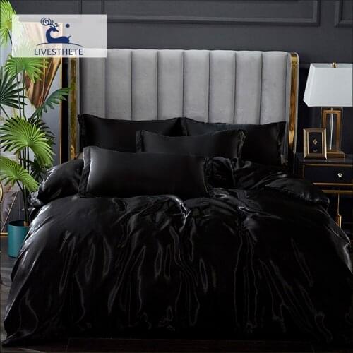 Liv_Esthete Satin Silky Duvet Cover Pillowcase Bedding Set Black Shiny Bedspread Single Child Queen Bedclothes Bed Linen Set