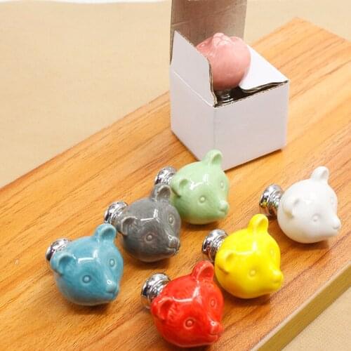 Lovely cartoon kids knobs colour ceramic bear drawer shoe cabinet knobs pulls silver chrome children room furniture handle green