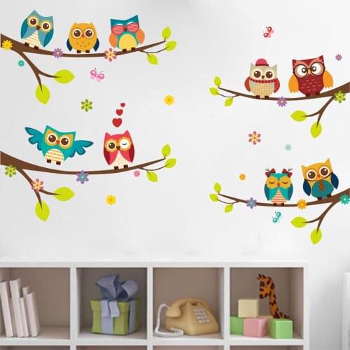 Cute cartoon owl branches childrens room living room TV background wall decoration wall stickers for kids rooms home decoration