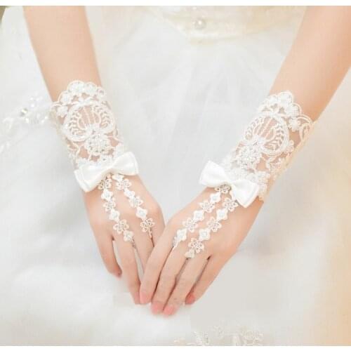 Fashion Hand-made Satin Bowknot Lace Short Fingerless Bridal Gloves 319