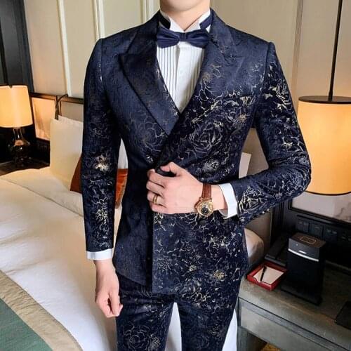 Flat collar Mens Suit Navy Blue Rose print Velvet Wedding Dinner Suits set Male Slim Suit Elegant Prom Jacket Pants Vest