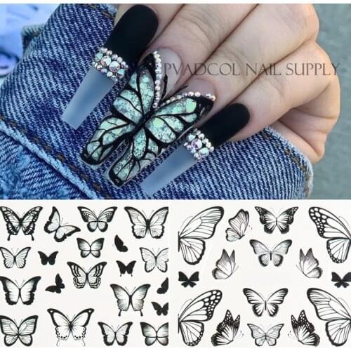 Butterfly Nail Stickers Nail Art Transfer Decals Foils Black Design Tip Wraps Sliders Acrylic Manicure Decoration