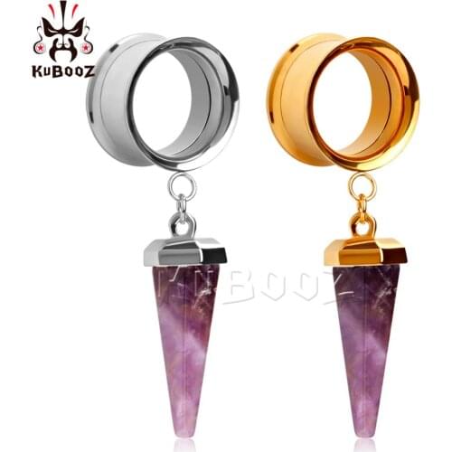 KUBOOZ New Arrival Stainless Steel Purple Stone Pendant Ear Plugs Tunnels Body Jewelry Piercing Earring Gauges Expanders