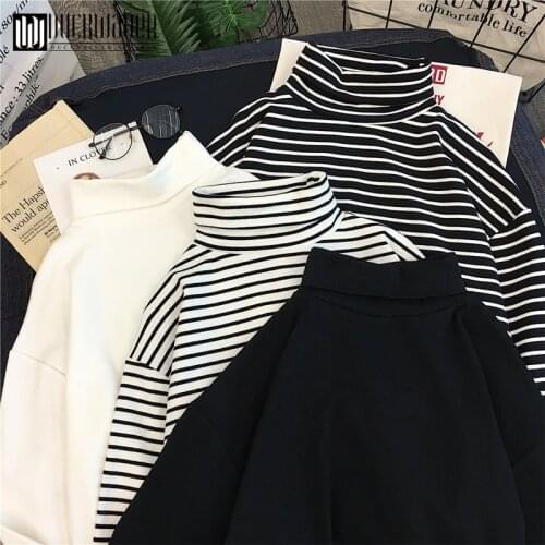 Autumn Fashion Women Causal Solid Loose stripe Long Sleeve kitted Turtleneck T-Shirts Lady Girls Basic Tee T Shirts Tops