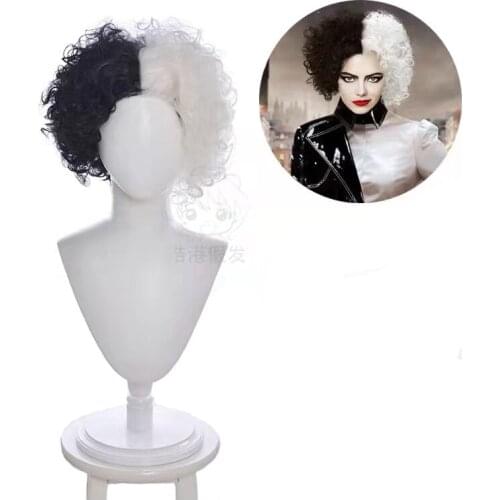 Movie Cruella de Vil Cruella Wig Emma Stone Short Black White and Black Brown Curly Hair Wigs Cosplay Props