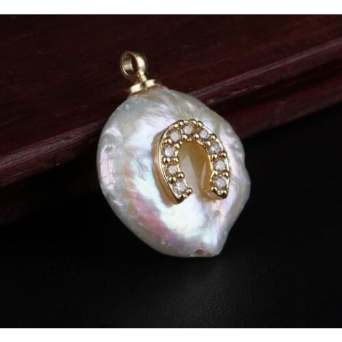 Gold micro paved white cz horse shoe horseshoe charms real freshwater pearl bead pendant charm for diy jewelry making for choker
