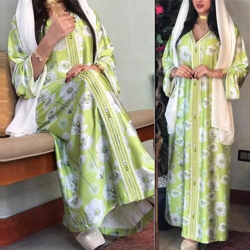 Ramadan Eid Hijab Dress for Women 2021 New V Neck Long Sleeve Ribbon Loose Plus Size Arabic Muslim Dubai Oman Clothes Jalabiat