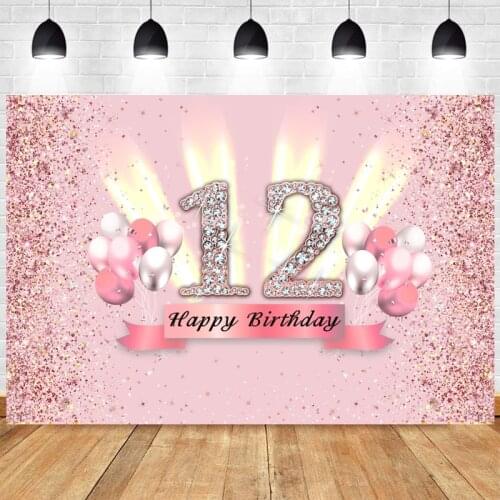 Pink Sweet 12 Twelfth Photo Backdrop Girls Happy Birthday Party Balloon Diamand Photography Background Decoration Banner