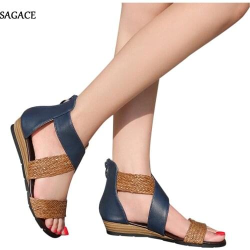 SAGACE Women Weave Wedge Heel Shoes Zipper Sandals Casual Beach Sandals Roman Shoes Summer Shoes 2020 Beach Vintage Sandalias