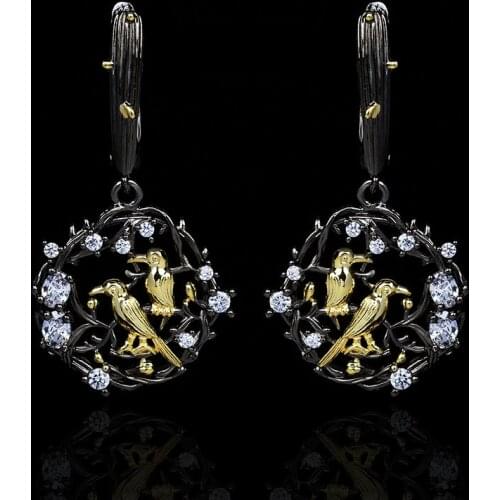 Unique Exaggerated Black Gold Series 925 Silver Bird Earrings Hollow Zircon Pendant Earrings Attend Party Jewelry