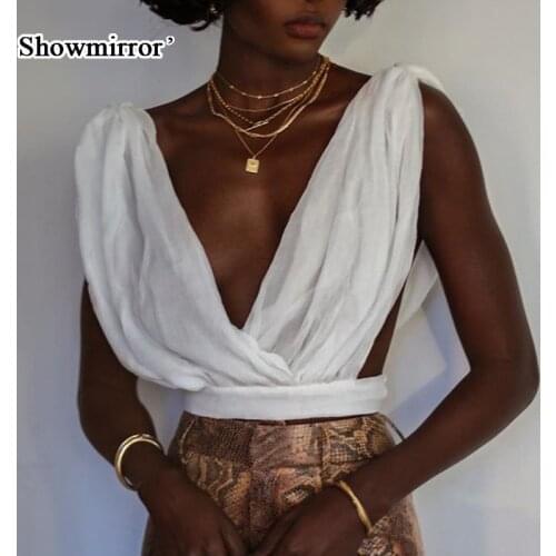 Showmirror Elegant Sexy Backless Deep V-Neck Blouses Women Fashion Summer Club Party Sleeveless Shirts Crop Top Clothes TS33484