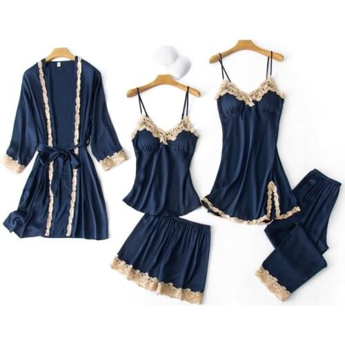 Sexy Womens 5PCS Pajamas Set V-Neck Nighties Wear Home Negligee Nightwear Lingerie Pijama Spring Nighty Robe Gown Suit Sleepwear