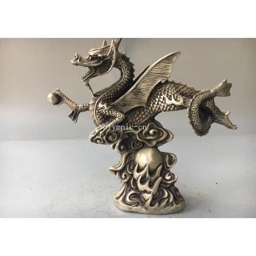8'' tibetan bronze silver carved beast animal winged wing dragon statue