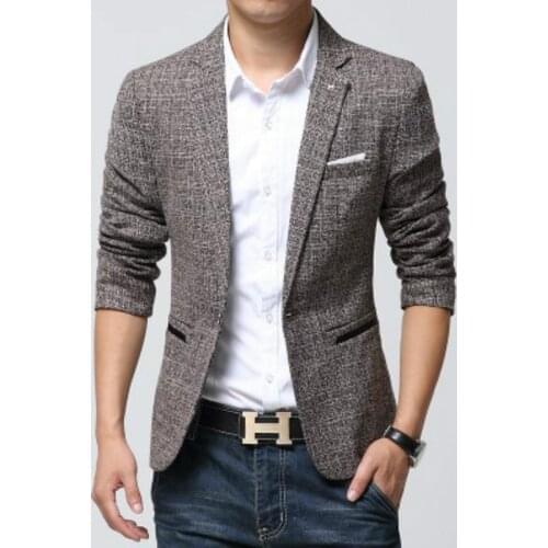 Stylish Mens Blazer Single Button Causal Long Sleeve Linen Jacket Fitted Man Clothing for Spring Autumn