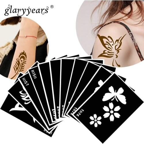 Glaryyears 11 Pieces/Set Henna Tattoo Stencil Butterfly Pattern Paste Drawing Lady Sexy Body Art Tattoo Stencil Waterproof HN#59