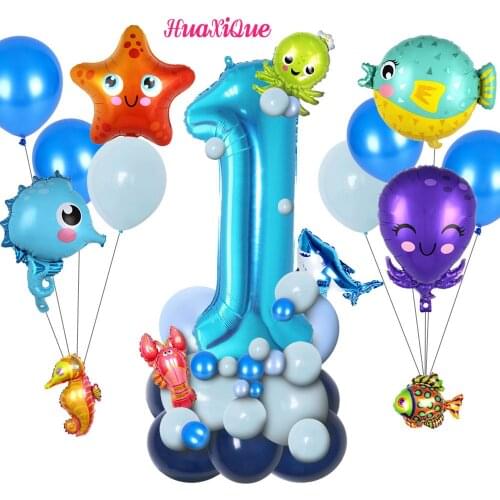 Ocean World Theme Underwater Animal Number Aluminum Foil Balloon Birthday Party Holiday Gift Decoration Childrens Toy Supplies