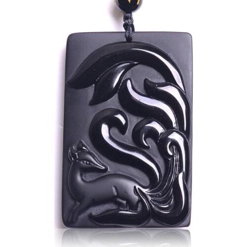Jewelry Square Fox Necklace Pendant Natural Black Obsidian New Chinese Nine-Tailed Carved Fox Pendant Lucky Chain For Men/Women