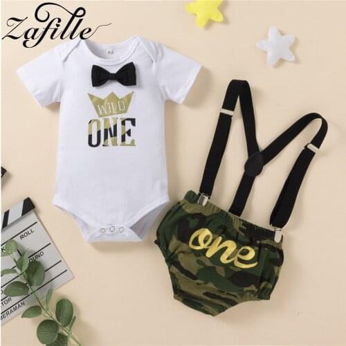 ZAFILLE Baby Boy Birthday Outfits Crown 1st Baby Romper+Camouflage Shorts Baby Boy Clothes Set My First Birthday Clothes