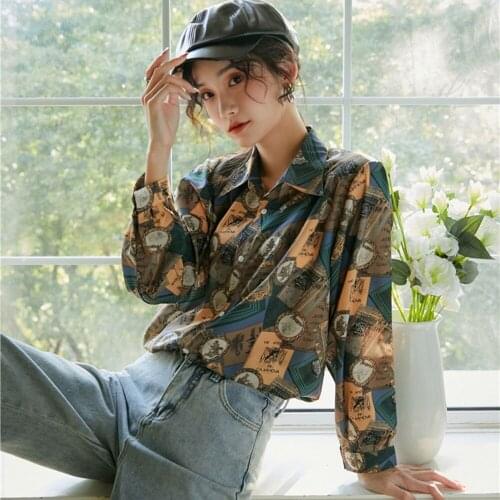 Green Printed Blouse Women Korean Style Long Sleeve Elegant Shirts Female Plus Size Loose Tops Outwear Fashion Street Wear