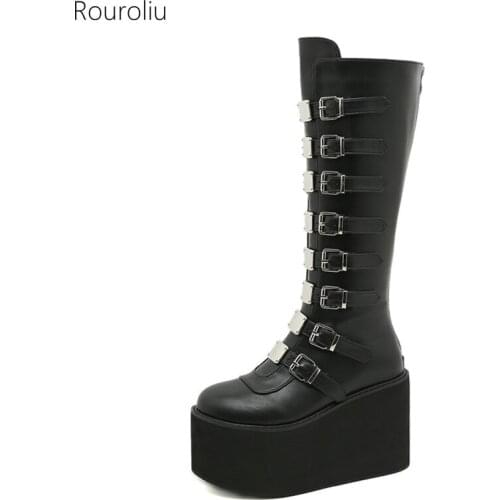 2021 New Chunky Heel Metal Buckle Back Zipper Knee-high Boots Women Round Toe Riding Shoes Girls Winter Warm Boots