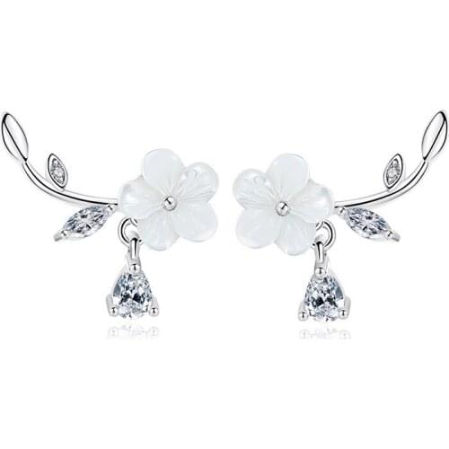 Hot Sell Wholesale Fashion shiny crystal pearl flower 925 Sterling Silver Stud Earrings for Women Jewelry Gift