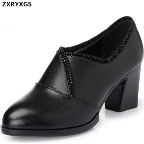 2021 New Spring Rhinestone Genuine Leather Shoes Deep Mouth Wild Thick With High Heels Elegant Comfortable Women Fashion Shoes