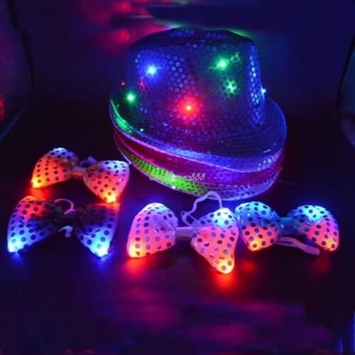 Women Girls LED Light Up Blinking Sequin Jazz Cap Hat Neck Bow Tie Glow Party wedding birthday Decoration Christmas Halloween