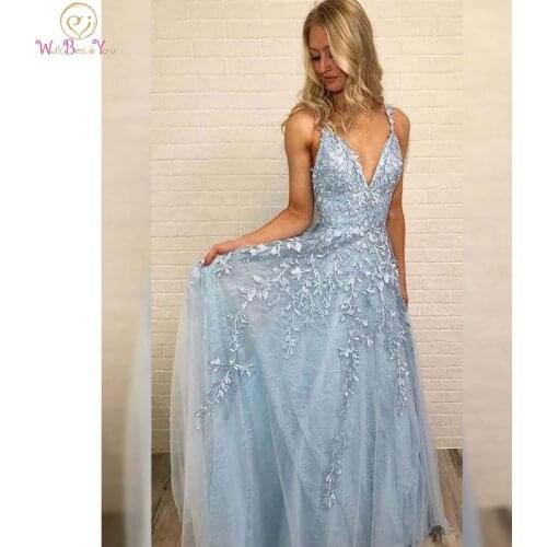Sky Blue Lace Prom Dresses Deep V Neck A Line Long Party Elegant 2020 Floor Length Cheap Women Evening Gowns Walk Beside You