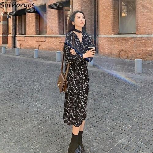 Dress Women Chiffon Floral-printed Long Sleeve Dresses Breathable Elegant Fashion Vintage Simple Ladies High-waist A-line V-neck