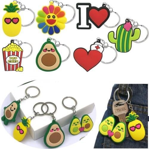 1pcs PVC Avocado Rainbow Keychains Flowers Cactus Heart Cute Key Chain Popcorn Ice Cream Medical Accessories For Bag Kids Gifts
