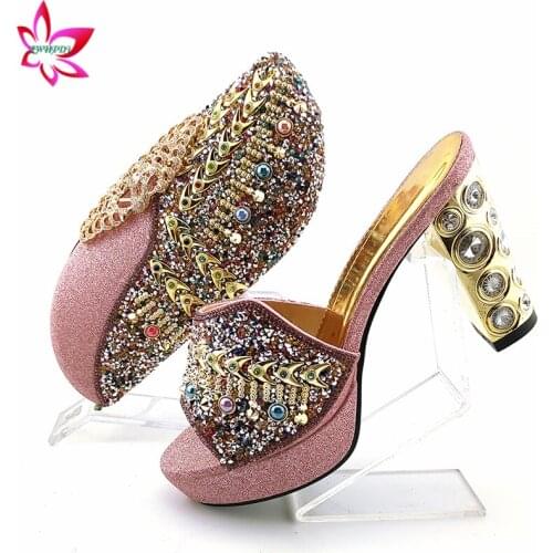 2020 Comfortable Heels with Platform Slipper in Pink Color Nigerian Women Shoes and Bag Set for Wedding Party with Crystal