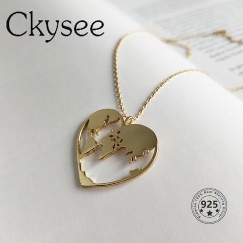 Ckysee 2021Trend 925 Sterling Silver Necklace Golden World Map Pendant Necklace For Women Silver 925 Fine Jewelry Charms