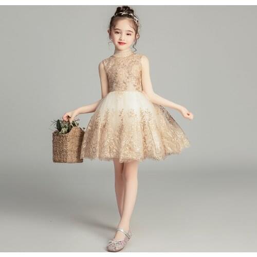 Childrens Princess Dress Girls Wedding Dresses Girl Sleeveless Evening Dress Gold Sequins Dress Baby Girl Baptism Pageant Gown
