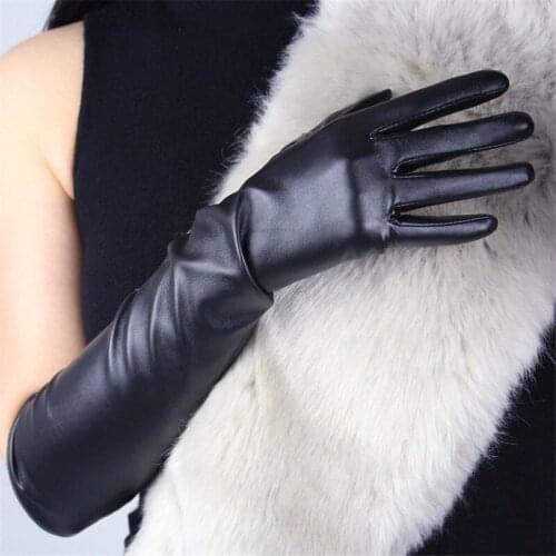Touchscreen Long Section Gloves 50cm 40cm Female Emulation Leather PU Black Warm Lined Touch Slim Hand Free Shipping PU82