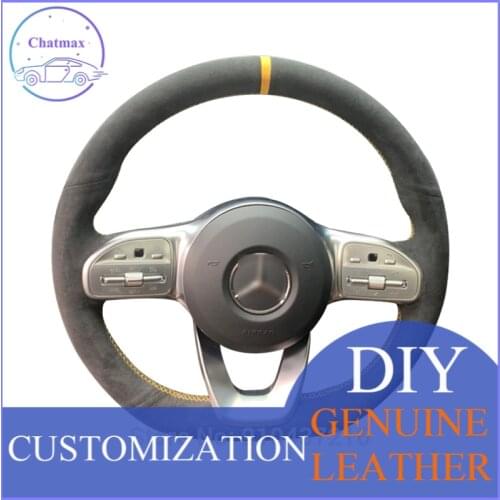 For Mercedes-Benz A-Class W177 2018-2019 All Black Suede Leather Yellow Marker Steering Wheel Hand Sewing Wrap Cover