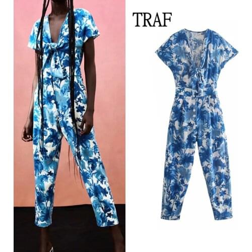 TRAF Jumpsuit Women Za 2021 Summer Print Elegant Short Sleeve Female Jumpsuits Woman Fashion Bow Elastic Waist Womens jumpsuit